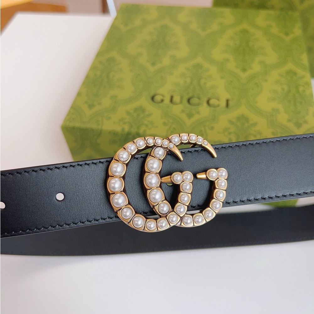 Gucci GG Pearl Buckle Women's Black Leather Belt Size 85 cm - Picture 5 of 6
